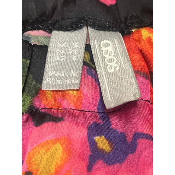 Asos Black Pink Floral Long Sleeve Cutout Back Tie Waist A Line Midi Dress Sz 6 - Picture 4 of 5